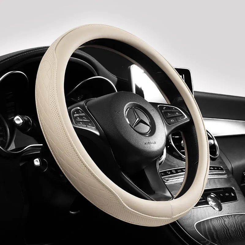 Leather steering wheel cover in navy blue for 38cm car steering wheel