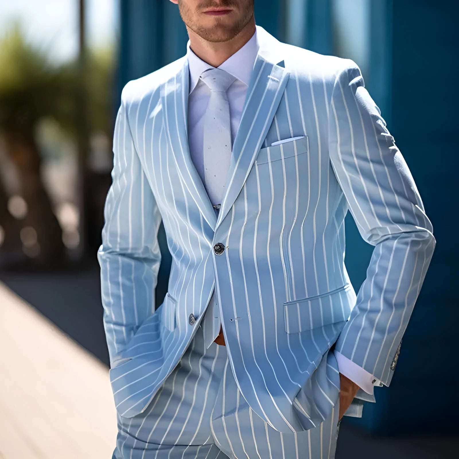 Men's blue and white button British style double-button suit jacket with straight hem.