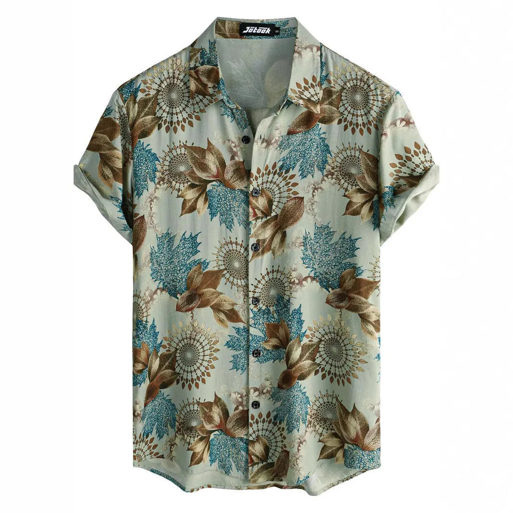 Hawaiian print short sleeve cardigan shirt with floral digital pattern on elastic polyester fabric
