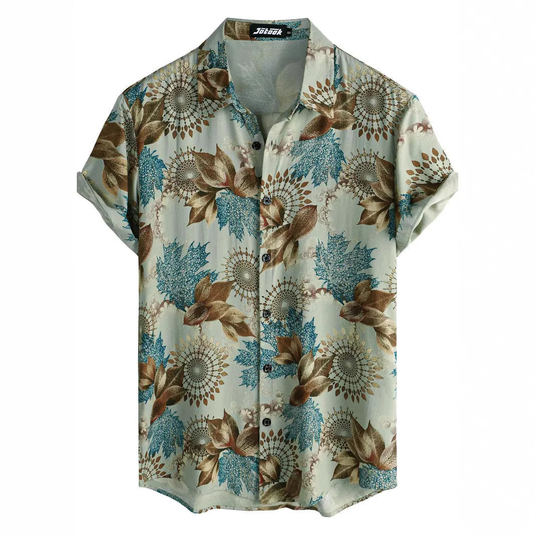 Hawaiian print short sleeve cardigan shirt with floral digital pattern on elastic polyester fabric