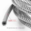 Black coated 304 stainless steel anti-theft security wire rope on a reel showing its multi-strand construction.
