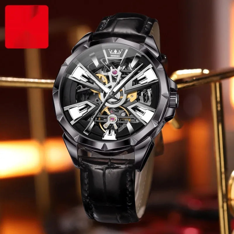 Men's automatic mechanical watch with hollow design, barrel-shaped dial, and genuine leather strap