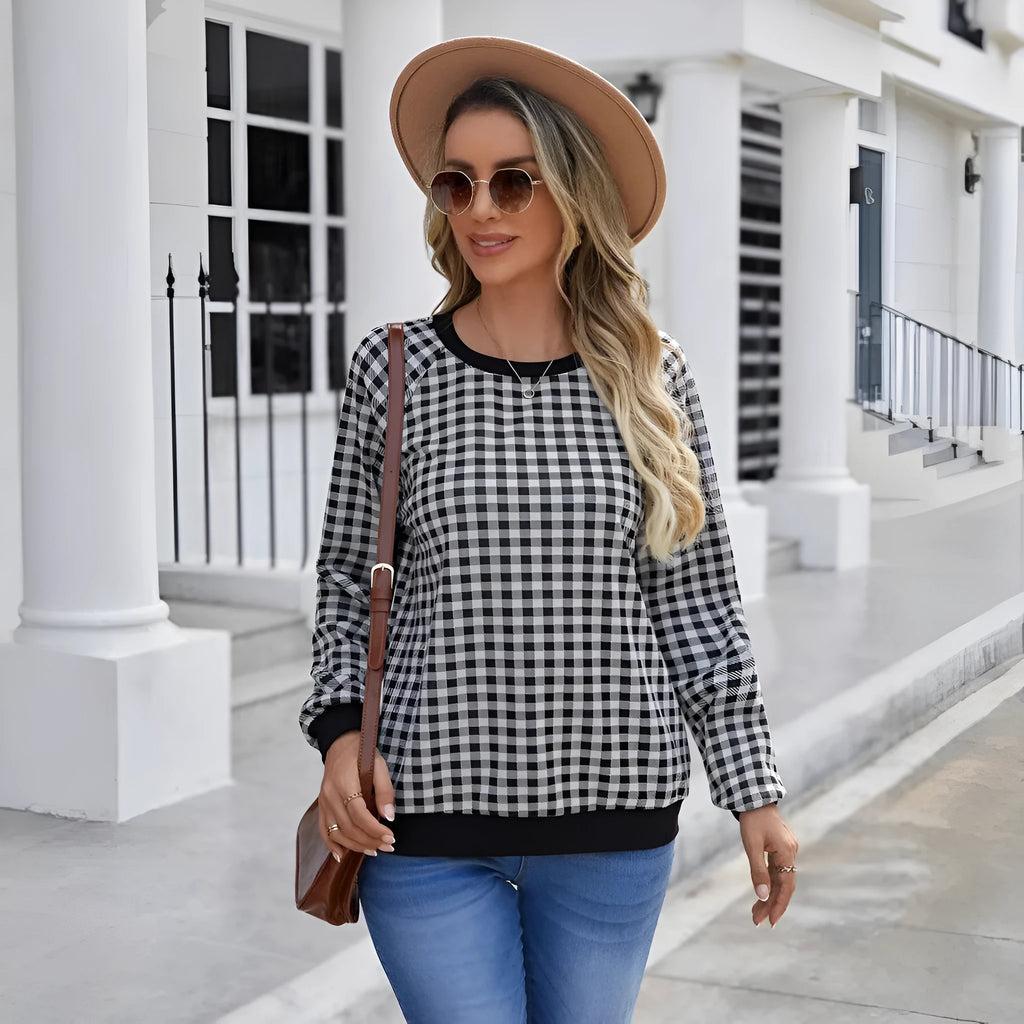 Black Japanese plaid pattern long sleeve pullover sweater with printed details