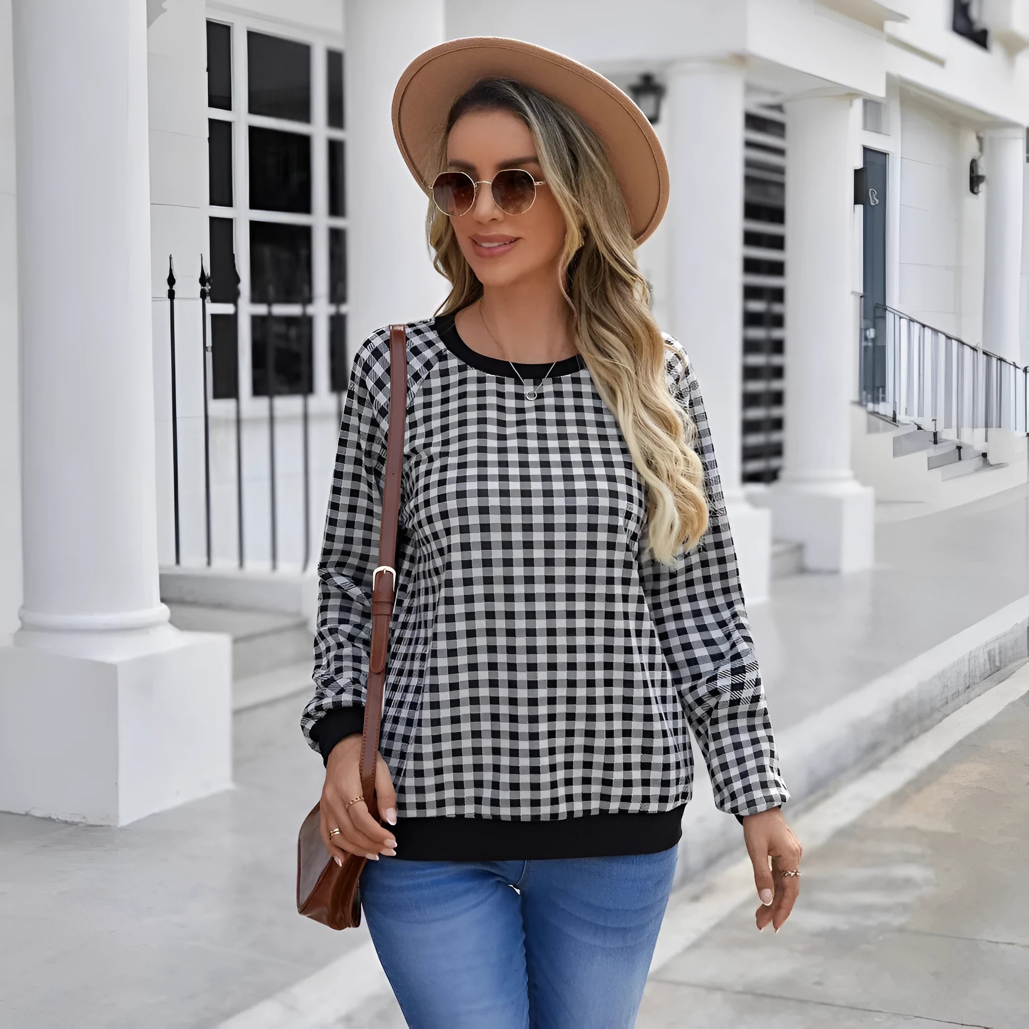 Black Japanese plaid pattern long sleeve pullover sweater with printed details