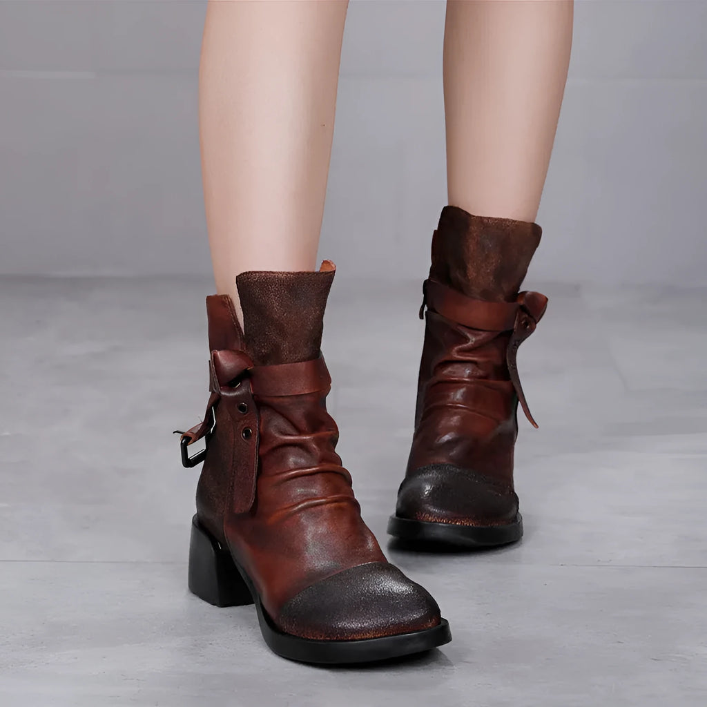 Women's retro ankle boots with genuine leather upper and chunky heel in black and brown colour options