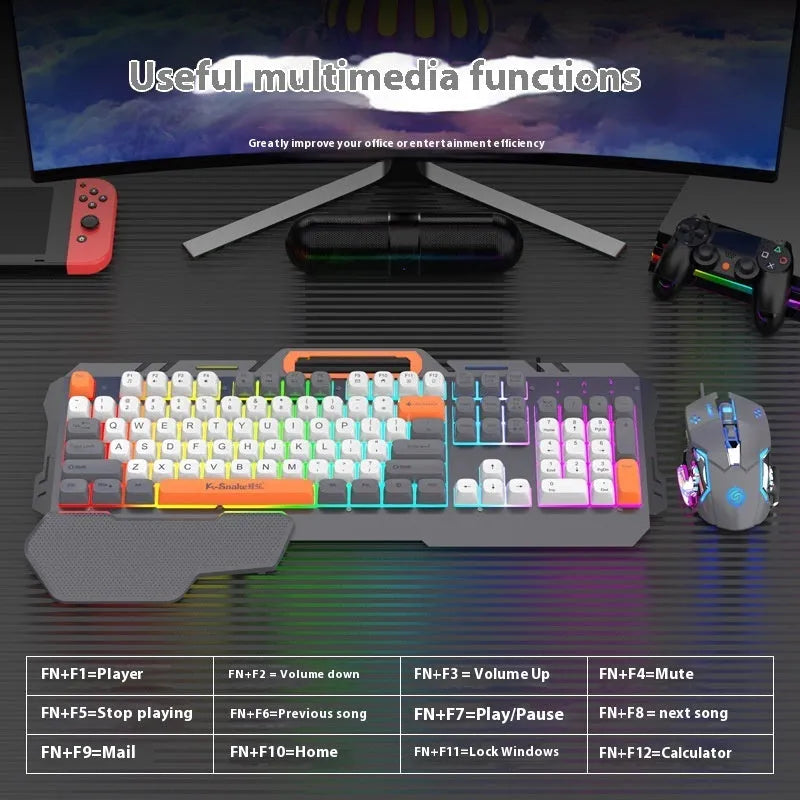 Blue and grey gaming keyboard and mouse set with colourful backlight illumination