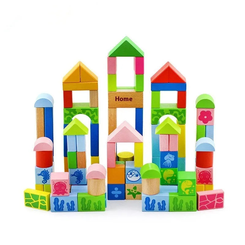 Ocean 100 puzzle blocks made of beech and maple wood in a paper tube with marine life designs
