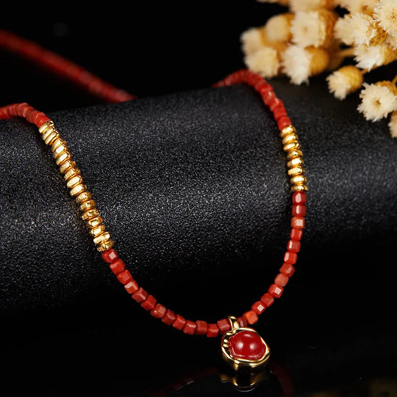 Women's red agate square candy pendant necklace on 925 silver clavicle chain with adjustable length