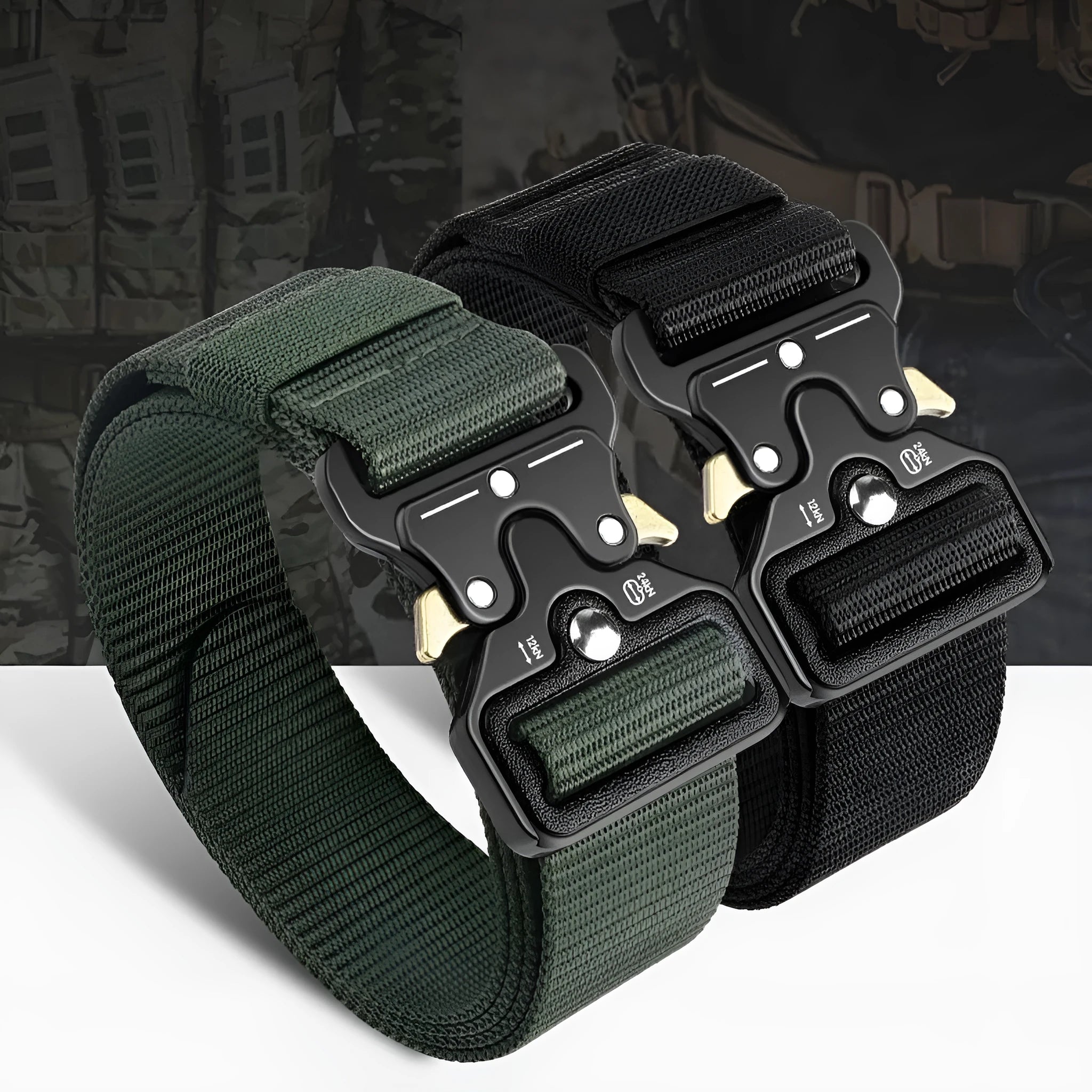 Men's thick canvas tactical belt with alloy quick-release buckle in army green colour