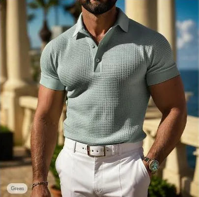 Men's waffle short sleeve polo shirt in cotton, slim fit jacquard lapel top, available in five colours.