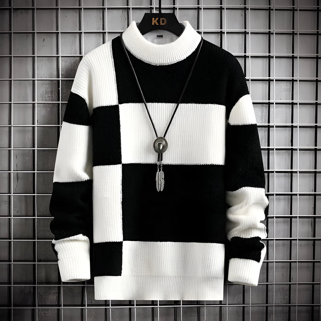 Polyester men's casual cardigan sweater coat in colour block design with black and white panels
