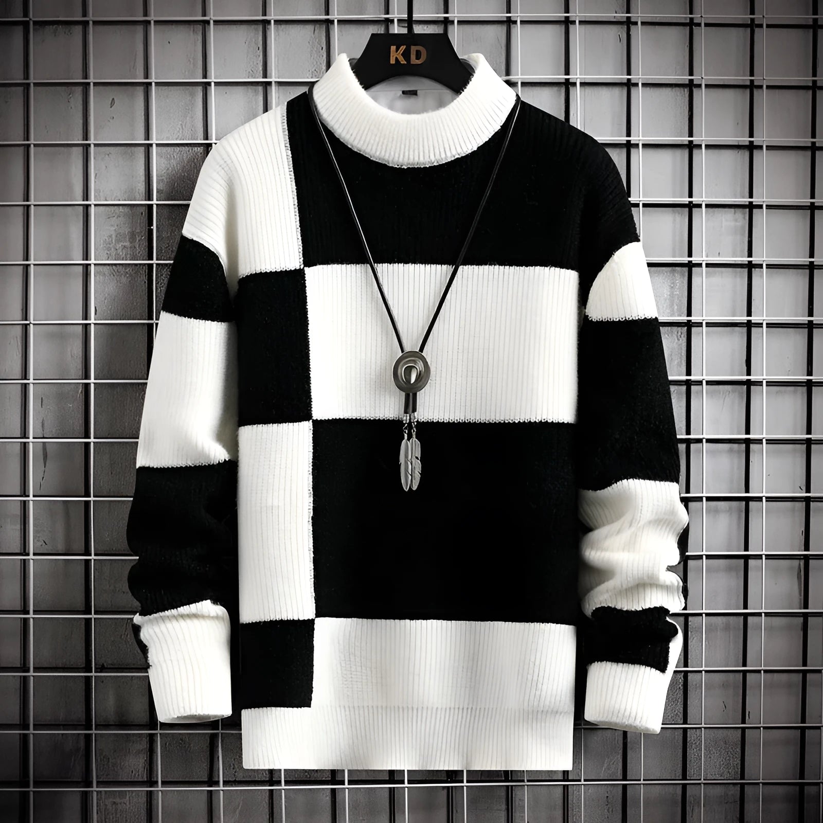 Polyester men's casual cardigan sweater coat in colour block design with black and white panels