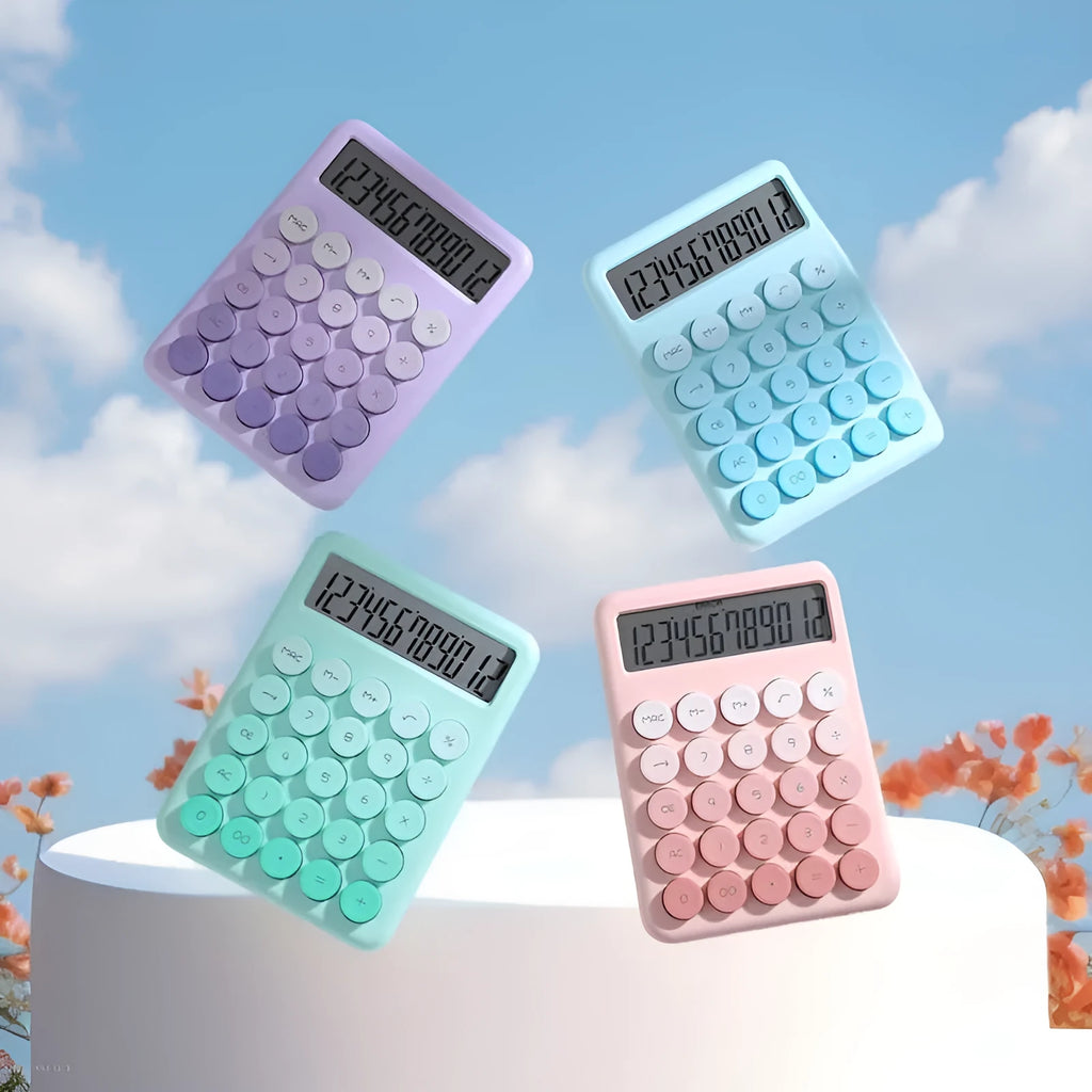 Desktop calculator with gradient colour options: violet, cherry blossom powder, glacier blue, and mint green.
