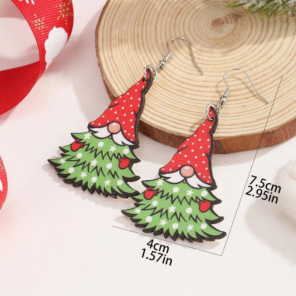 Women's wooden Christmas earrings with geometric shapes featuring Christmas tree and snowman designs