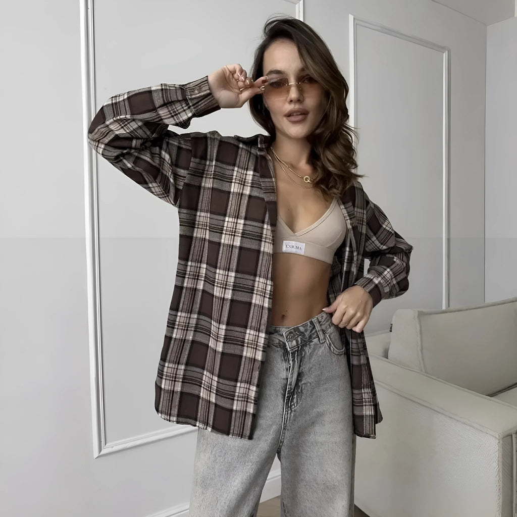 Women's dark brown striped retro shirt with plaid pattern and long sleeves