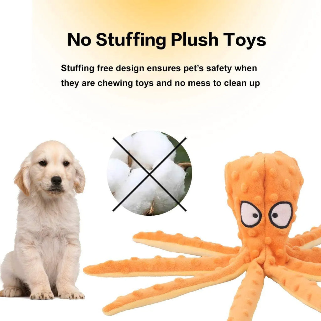 Blue octopus-shaped plush dog toy with crinkle paper and squeaker, no stuffing, for small medium large dogs.