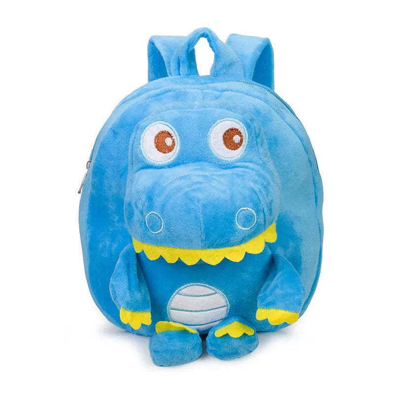 Blue soft plush dinosaur character backpack for children with embroidery, a soft handle, and backpack straps.