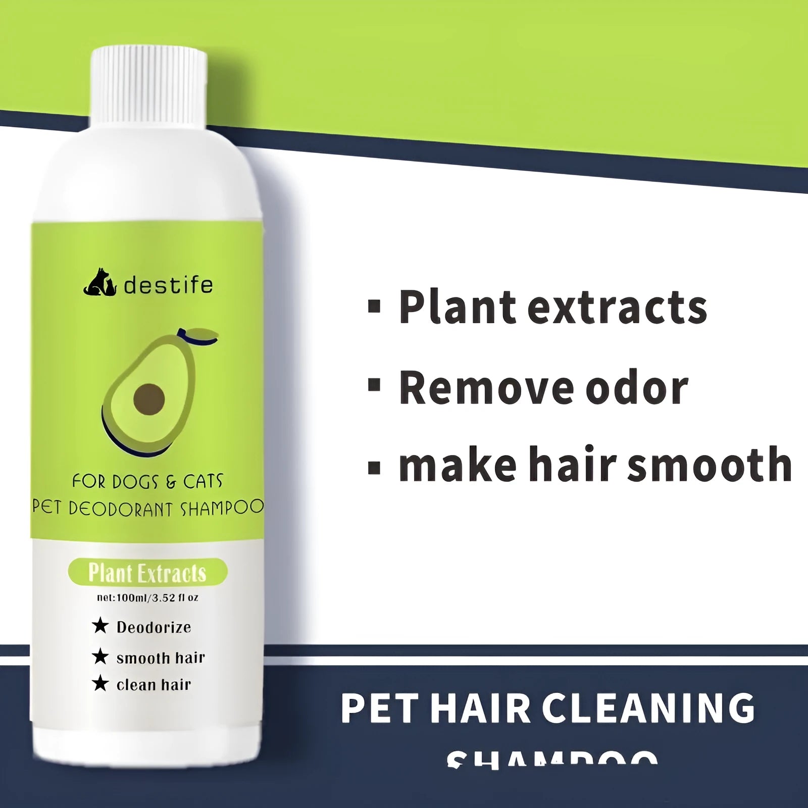 100ml bottle of pet shampoo and conditioner for dogs and cats with deodorising and shed control properties