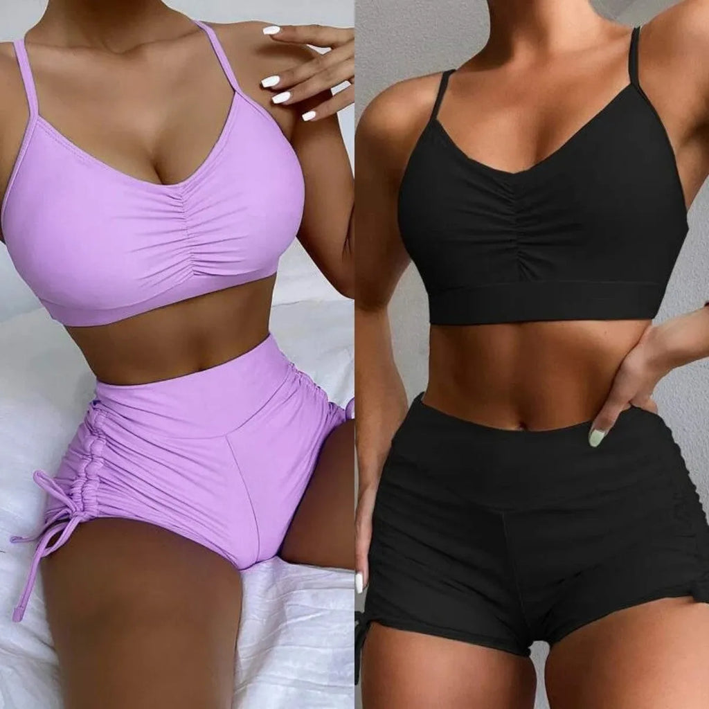 Women's solid colour high waist split swimsuit bikini set with spandex lining
