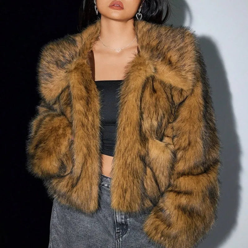 Artificial fur coat with fox fur style design in black tip colour variation