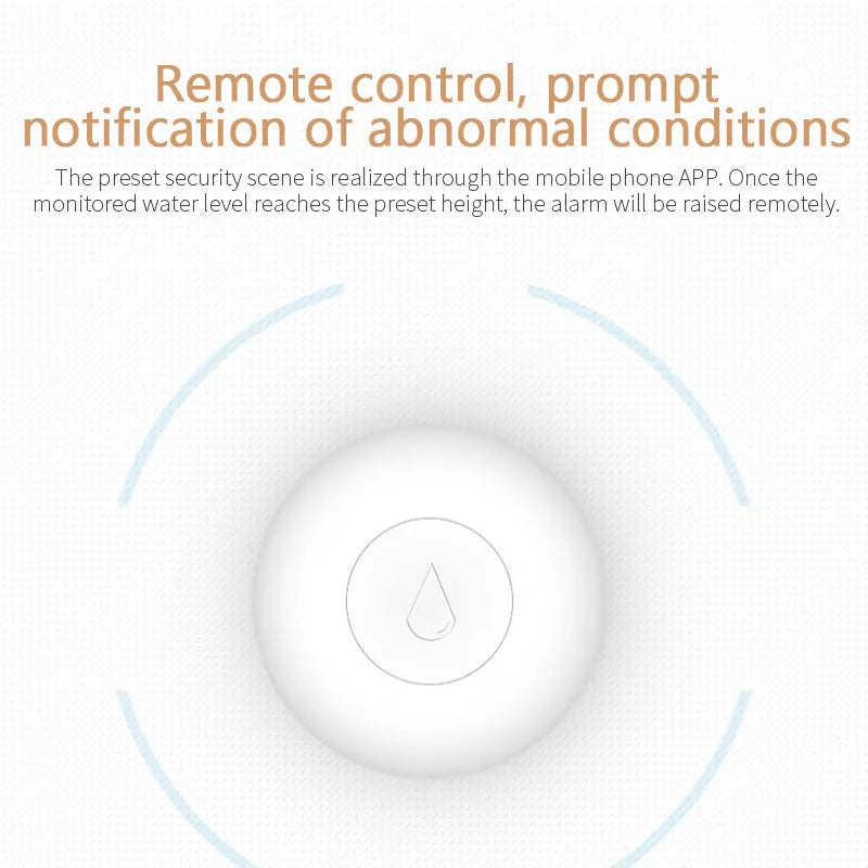 Compact white Zigbee wireless water leak flood sensor with FCC and CE certification marks