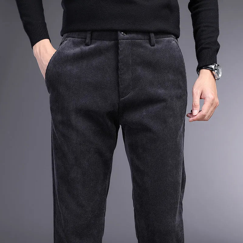 Men's British retro-style long straight striped pants in a chemical fibre blend, shown with a zip fly.