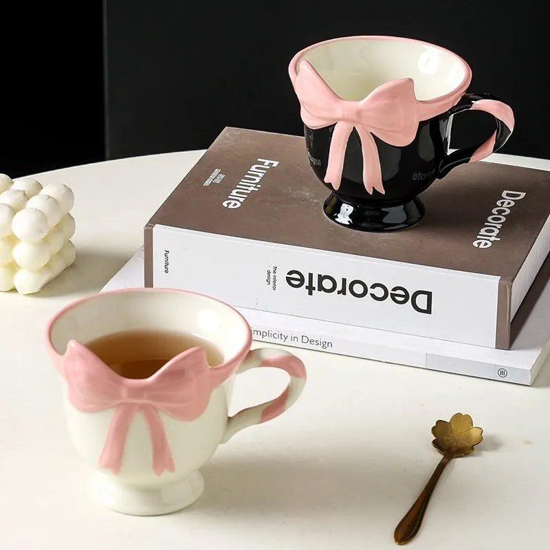 Original design ceramic mug with heart bow shape in White Powder or Black Pink colour, 301-400ml capacity