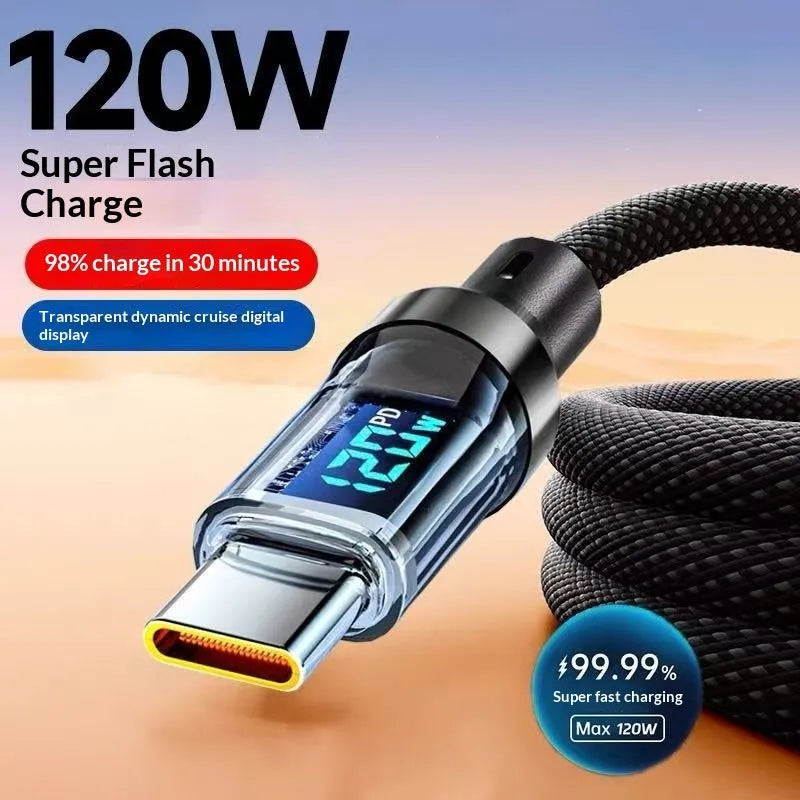 Black braided nylon Type-C cable with digital display showing charging wattage