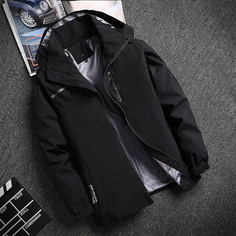 Thin waterproof windproof outdoor casual jacket in polyester with hooded loose fit, available in multiple colours and sizes L to 7XL
