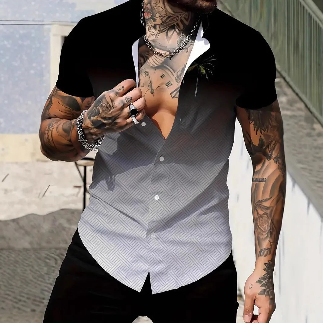 Men's geometric pattern short sleeve shirt with lapel collar in slim fit design