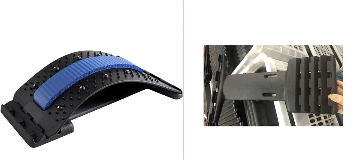 A blue and black adjustable back stretcher with 8 massage heads in a rectangular trapezoid shape for waist and back pain relief.