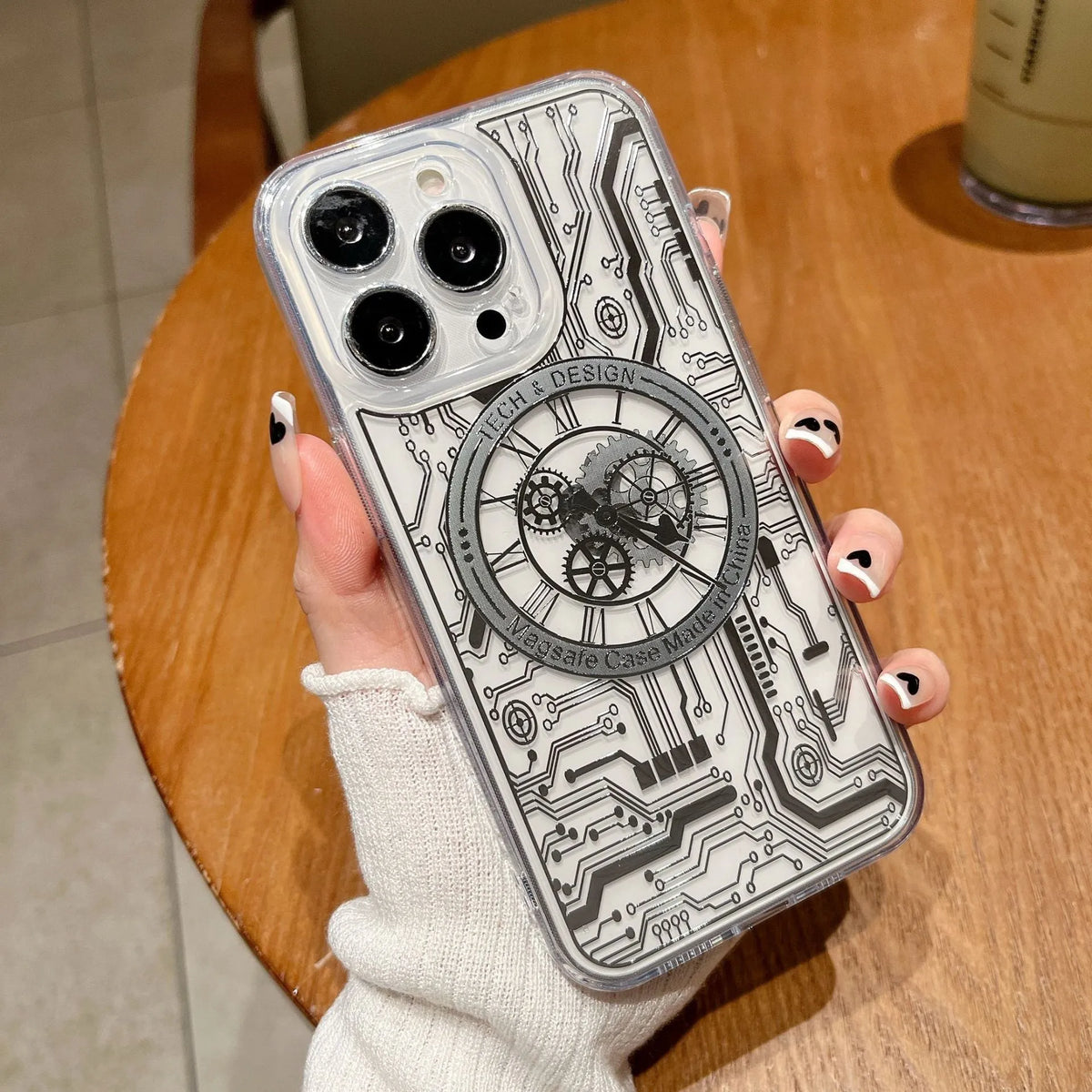 Transparent gold magnetic TPU phone case for iPhone 14 Pro Max 6.7 inch, rear cover with fall prevention and retro style