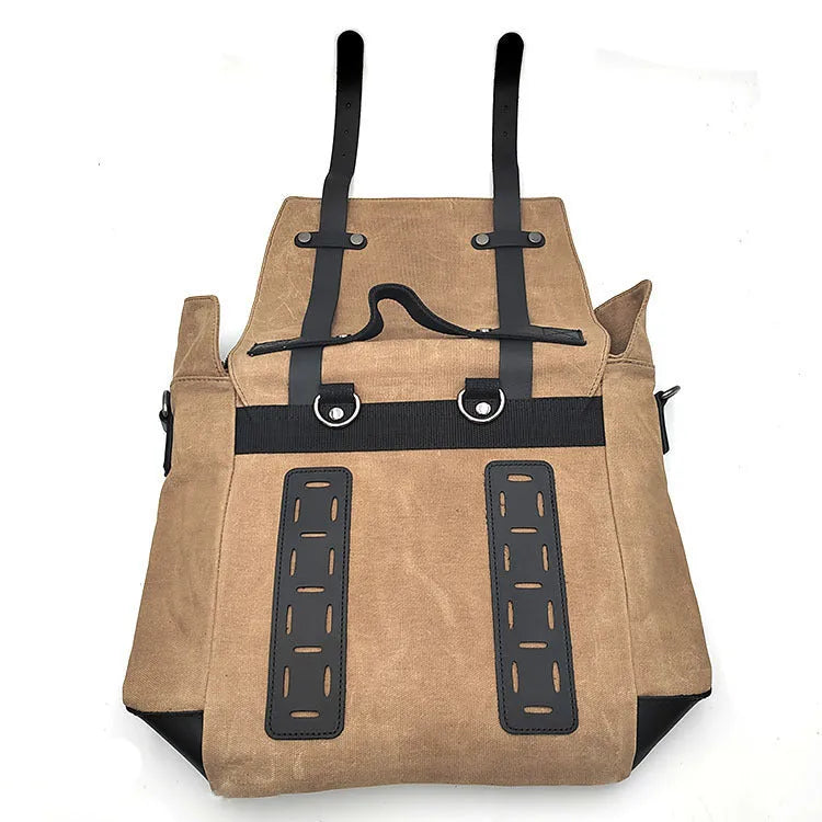 Black canvas motorcycle side bag with cowhide top showing 300x280x150mm dimensions