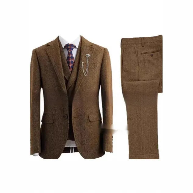 Men's slim-fit nylon three-piece suit in brown colour showing jacket, waistcoat and trousers