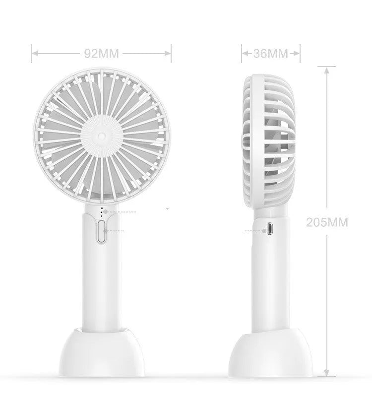 Blue handheld mini USB electric fan with oscillation feature on a desk.