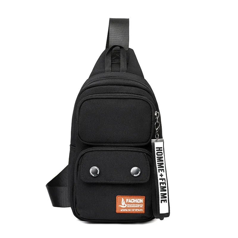 Nylon crossbody shoulder bag for outdoor leisure in beige contrast colour with letter pattern.