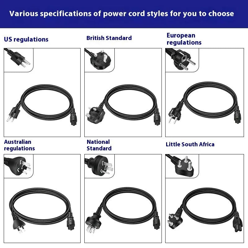 Black 65W USB-C laptop power adapter with multiple international plug attachments