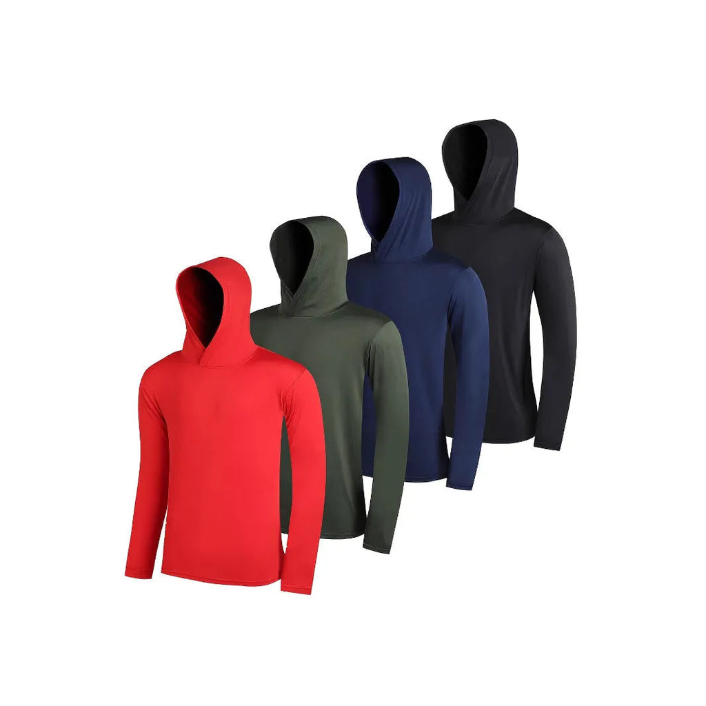 Pack of four men's lightweight polyester hoodies in various colours, showing hooded and non-hooded style options.