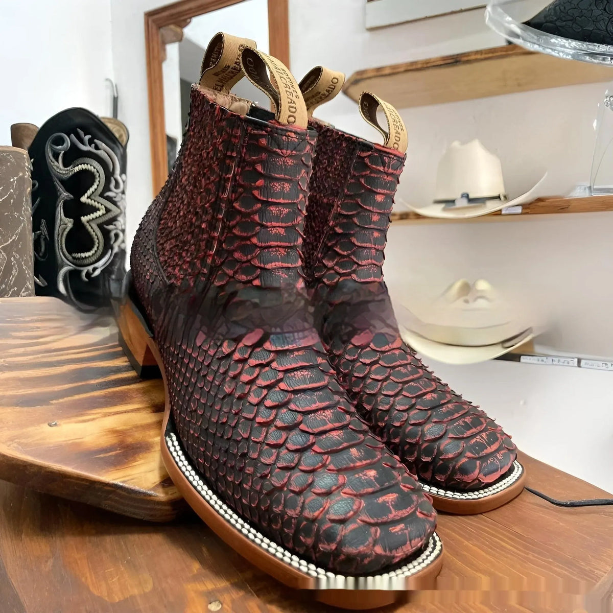 Men's retro square toe ankle boots in black artificial PU, featuring a striped pattern