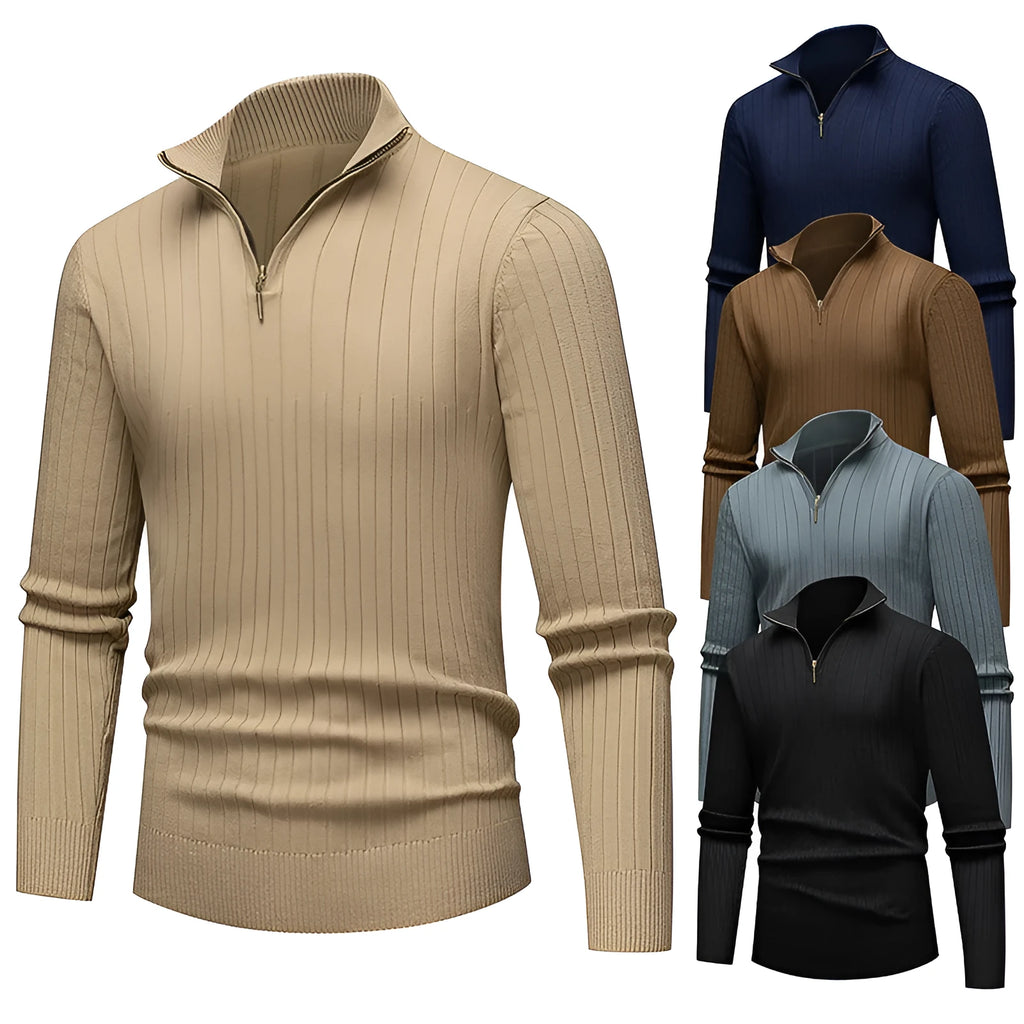 Men's half zip striped knit sweater, loose fit, stand collar, long sleeve, available in five colours M to XXXL