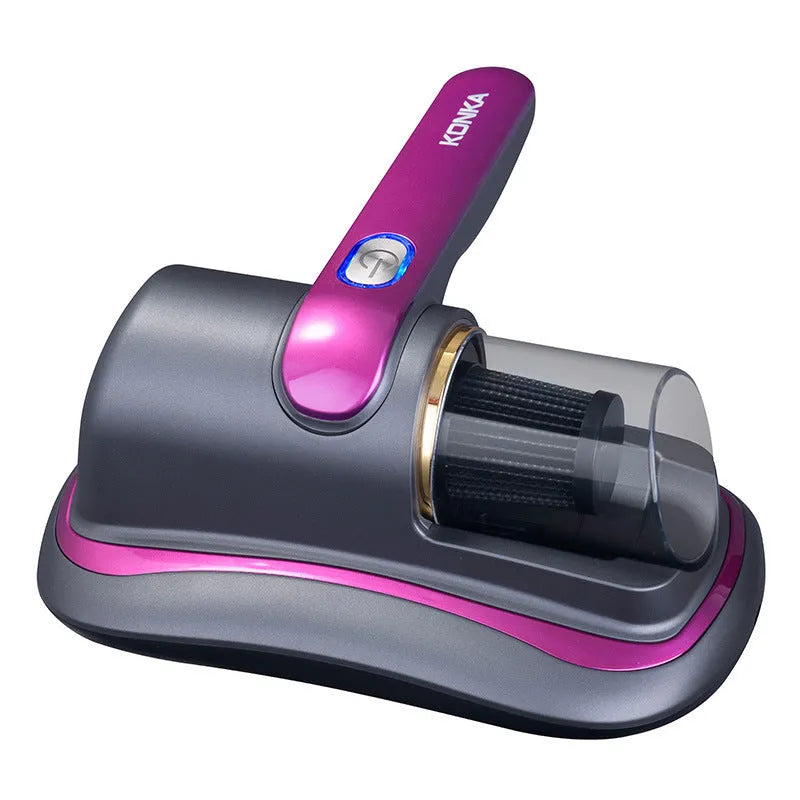 Blue home mite removal instrument with UV sterilization and wireless vacuum cleaner on a bed