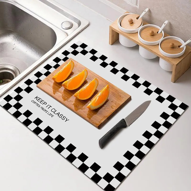 Square 60x90cm artificial leather water draining pad for kitchen countertop in black or plaid design