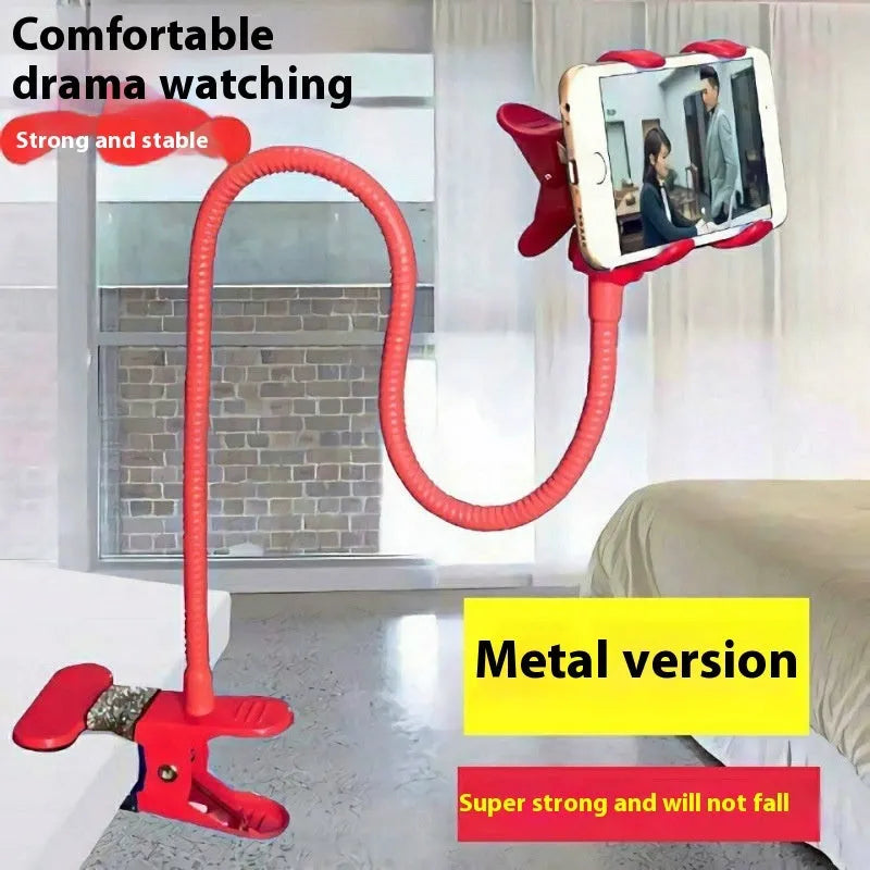 Black metal lazy stand gadget with rotary clip holding mobile phone on bedside table