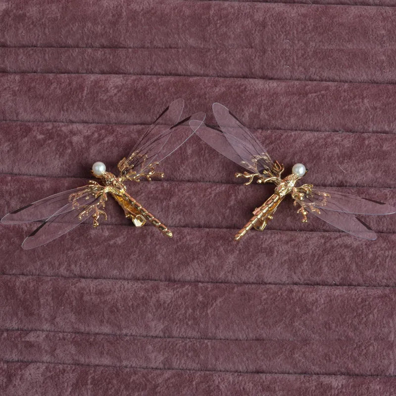 Golden dragonfly shaped side clip headdress for women with electroplated finish