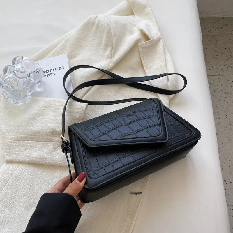 Horizontal square PU leather shoulder bag with stone pattern in black, white, khaki or creamy-white