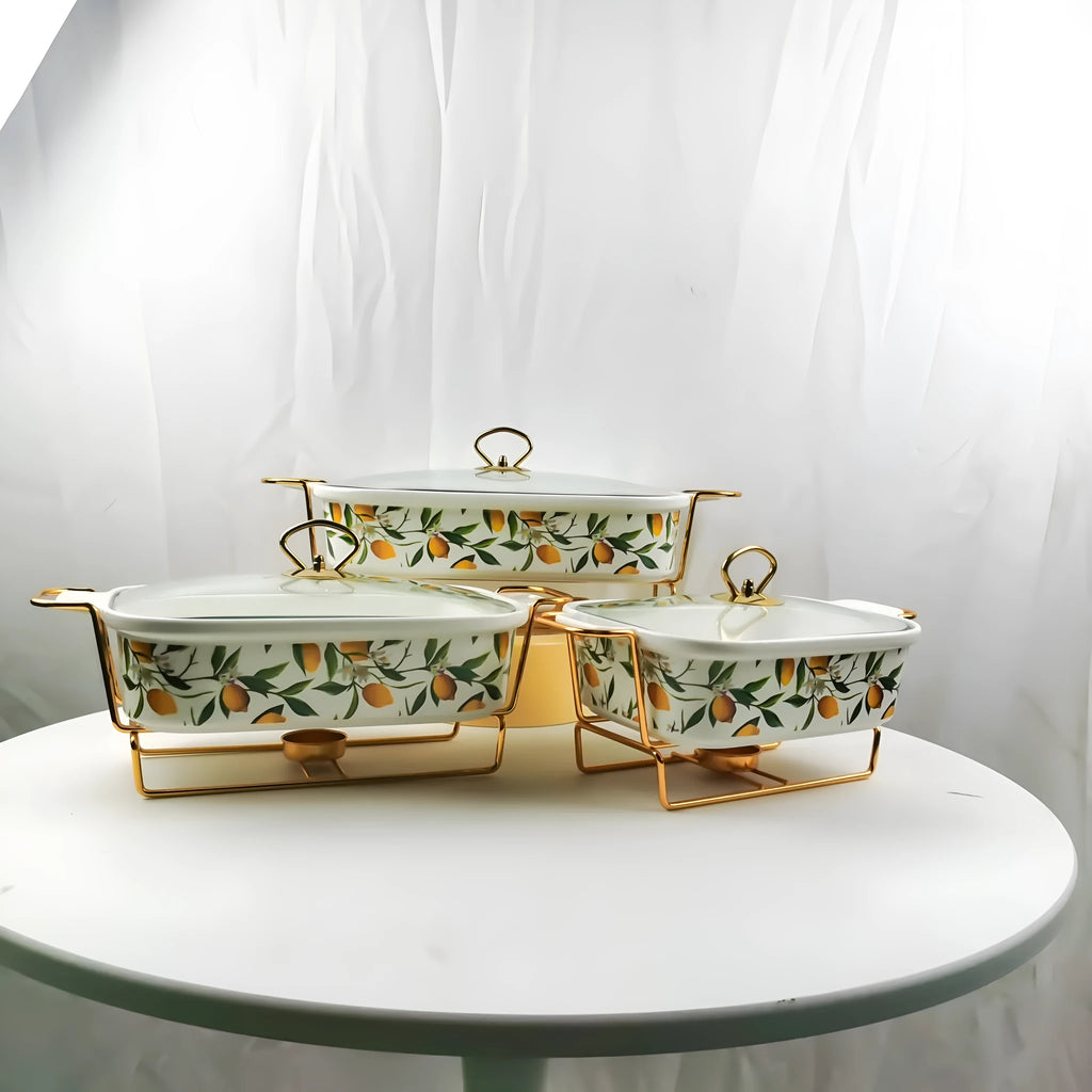 Ceramic soup pot binaural hot pot, porcelain, rectangular, electroplated finish, lemon pattern, in gift box with three pieces