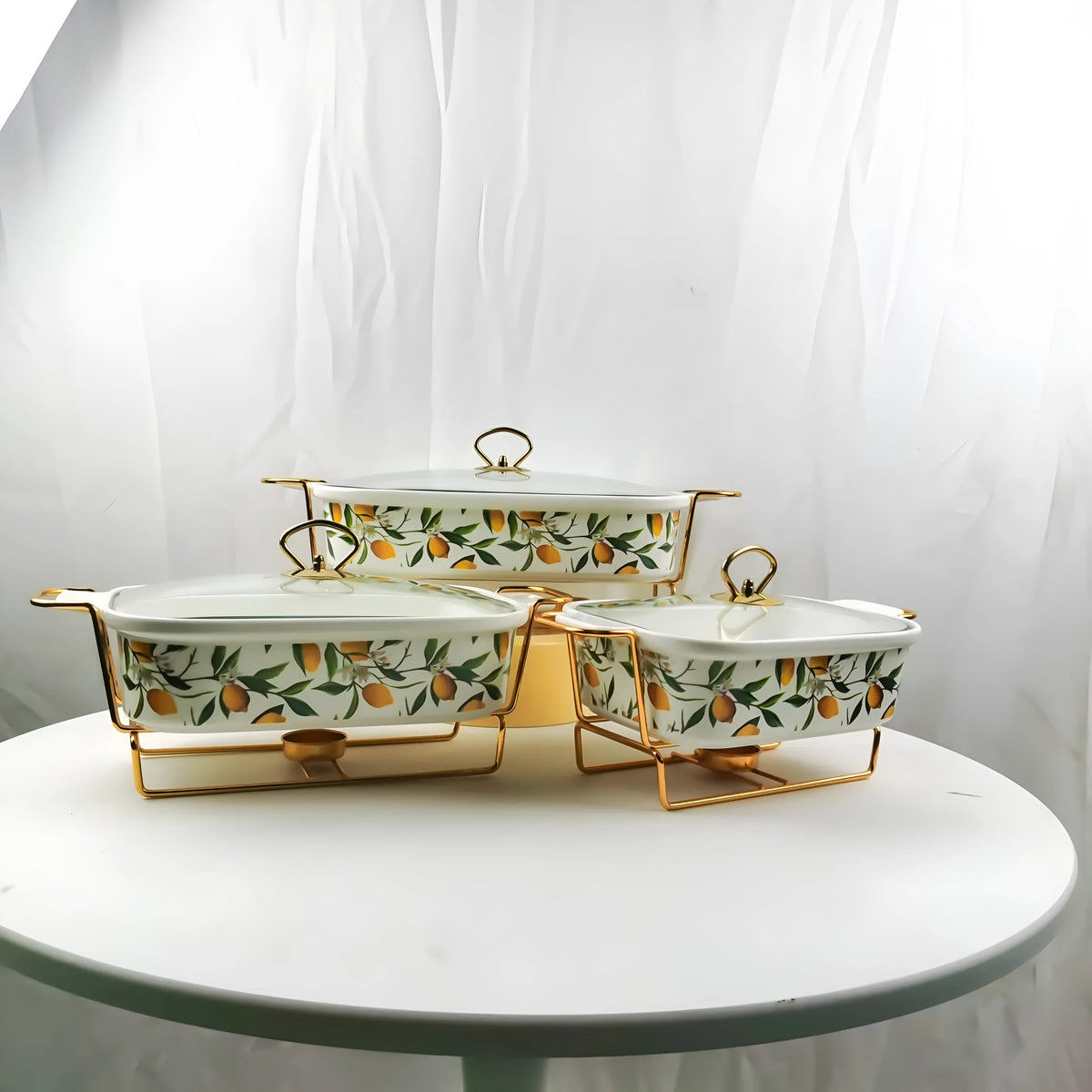 Ceramic soup pot binaural hot pot, porcelain, rectangular, electroplated finish, lemon pattern, in gift box with three pieces