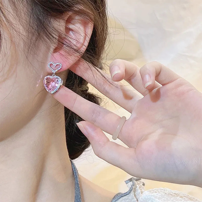 Pink crystal heart earrings on copper base, 26x15mm, 7g, 2023 new light luxury fashion jewellery for women girls