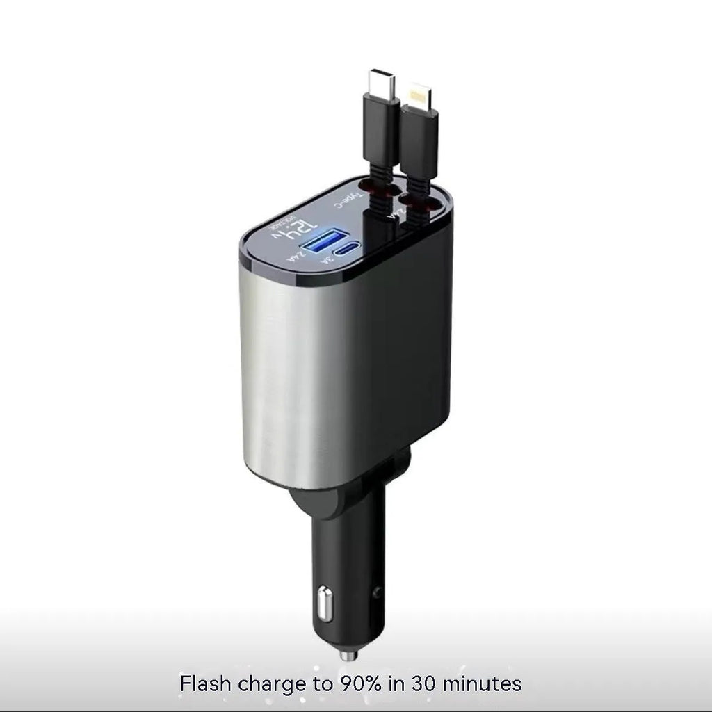 Retractable 4-port car charger for cigarette lighter sockets with QC3.0 fast charging