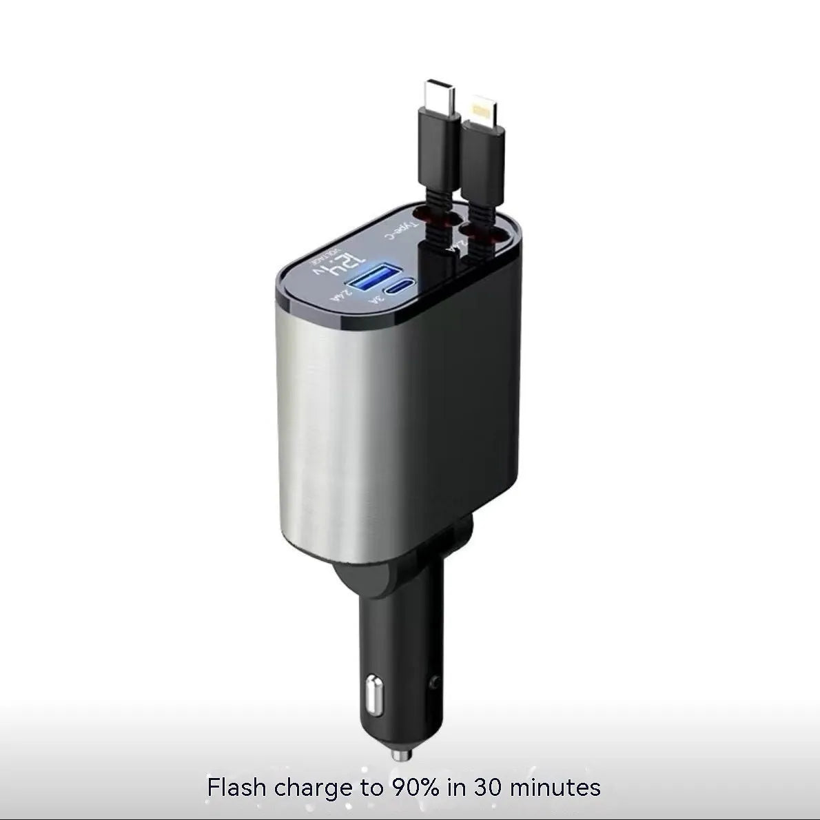 Retractable 4-port car charger for cigarette lighter sockets with QC3.0 fast charging